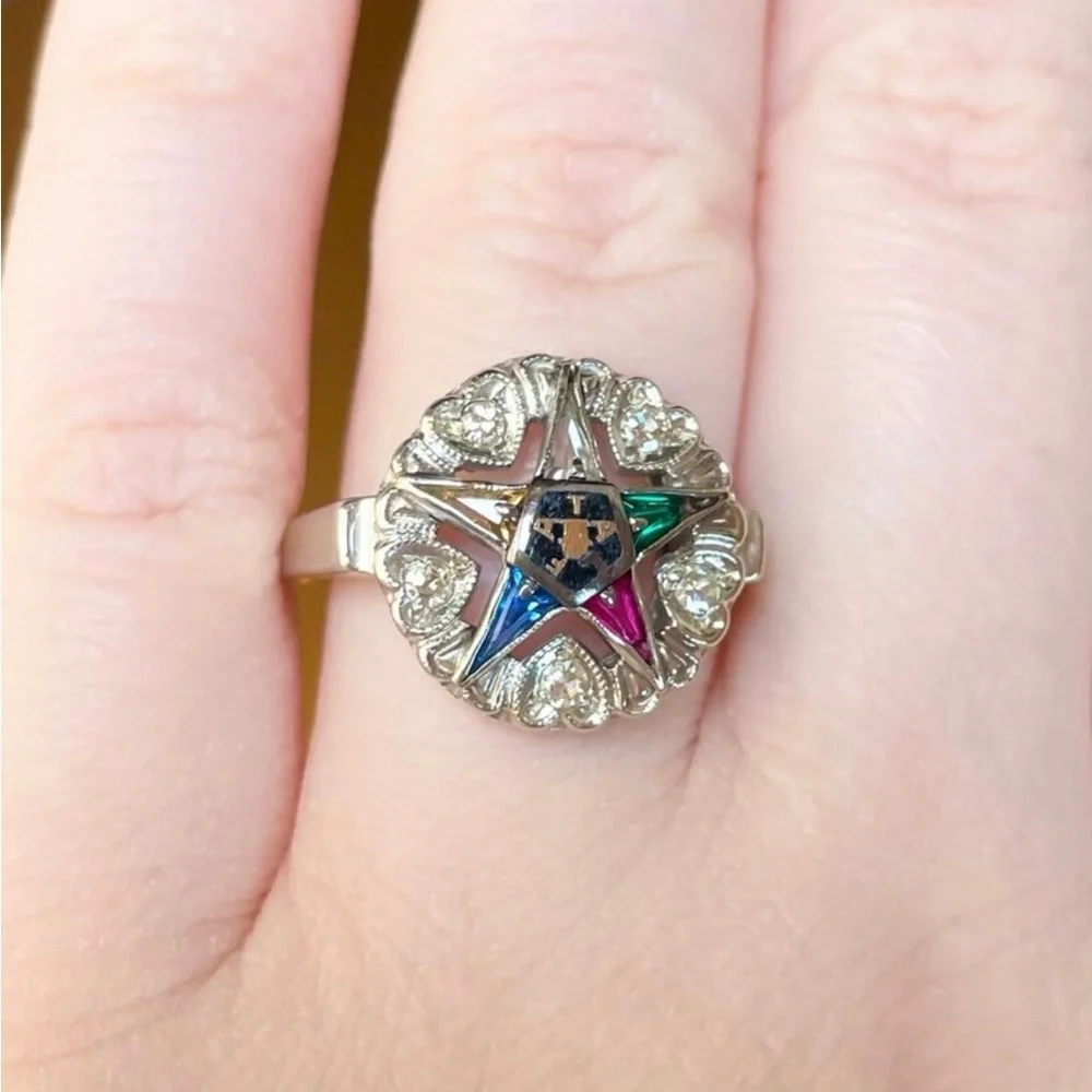 Vintage 10K White Gold Diamond Order of the Eastern Star Masonic Ring (Size 7.5) - Picture 2 of 10